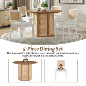 5-Piece Rattan Round Dining Table Set, Wood Table with Hexagonal Base and Upholstered Chairs for Dining Room, Kitchen,Indoor Use (Color: White, Material: Rubber Wood)