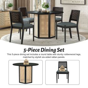 5-Piece Rattan Round Dining Table Set, Wood Table with Hexagonal Base and Upholstered Chairs for Dining Room, Kitchen,Indoor Use (Color: Black, Material: Rubber Wood)